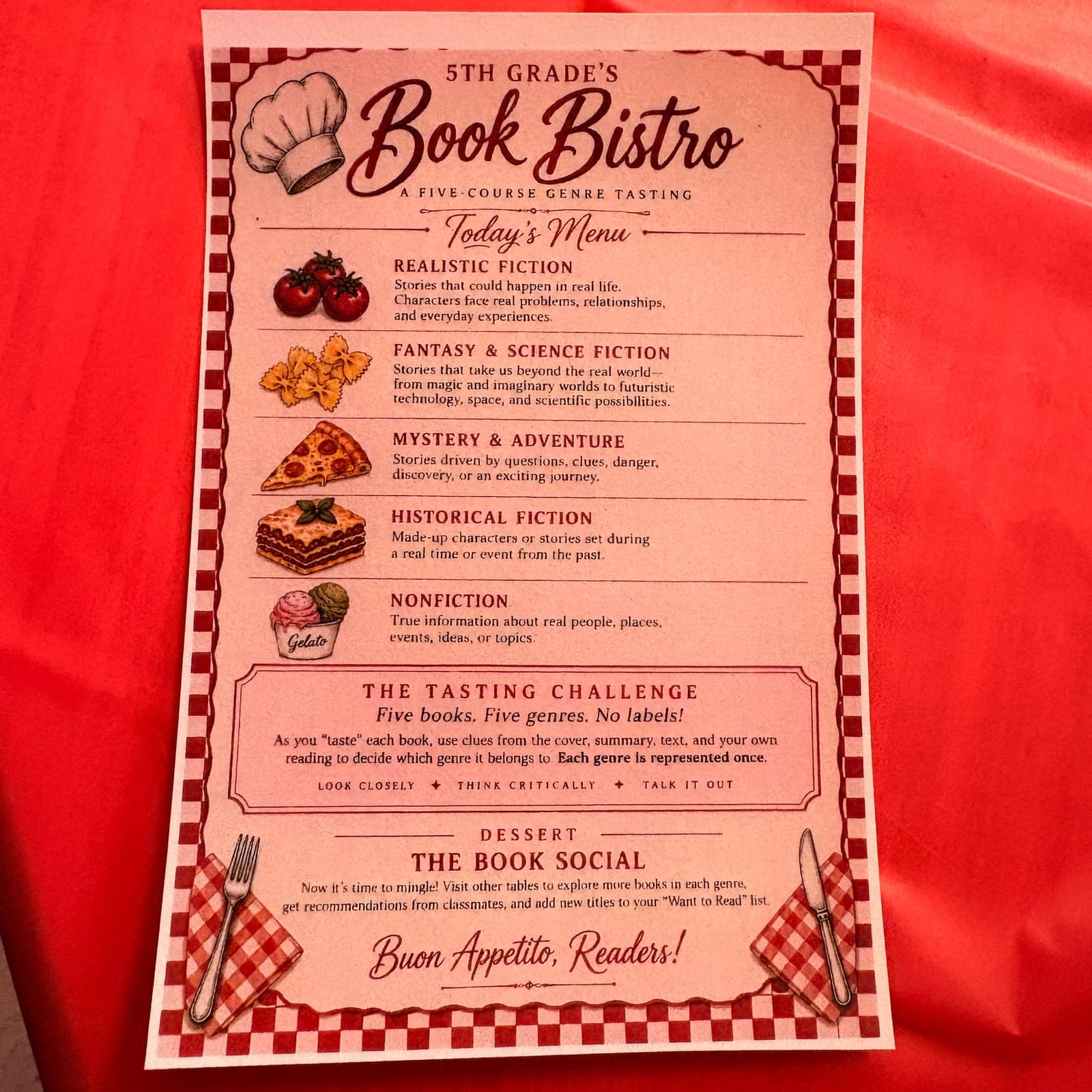 The Book Bistro menu introduces five literary courses.